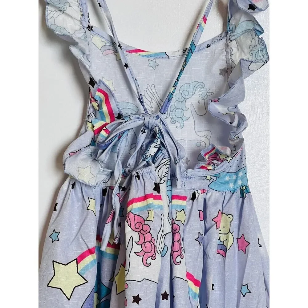 Los Angeles Boutique Girls Unicorn Rainbow Purple Ruffle Tie Back Dress NEW 6